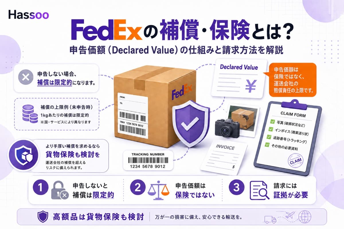 FedExの補償・保険（Declared Value）の仕組みを解説するイメージ。Hassooのロゴと「FedExの補償・保険とは？申告価額（Declared Value）の仕組みと請求方法を解説」の見出し、FedExの段ボール箱と盾のアイコン、Declared Valueの書類、破損した商品の写真、インボイス、請求（CLAIM FORM）に必要な写真・インボイス・追跡番号のチェックリスト、貨物保険の案内