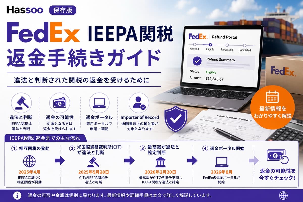 FedExのIEEPA関税返金手続きガイドを解説するイメージ。Hassooのロゴと「FedEx IEEPA関税返金手続きガイド」の見出し、FedEx Refund Portalの画面（Status: Eligible、Amount: $12,345.67）、Importer of Recordのアイコン、IEEPA関税返金までの流れ（①相互関税の発動2025年4月→②CITが違法と判断2025年5月28日→③最高裁が違法と確定判断2026年2月20日→④返金ポータル開始2026年8月）