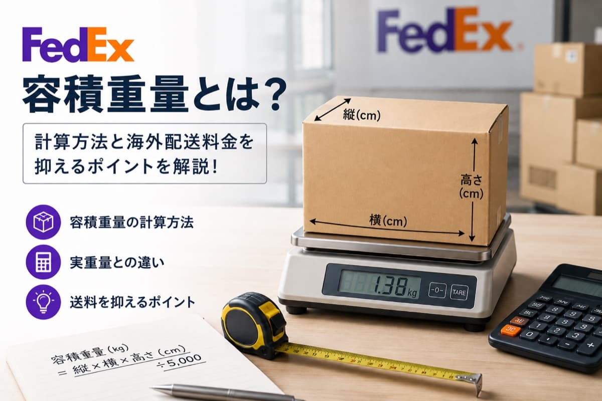 FedExの容積重量の解説イメージ。はかりに乗ったダンボール箱に縦・横・高さ（cm）の寸法が示され、容積重量（kg）＝縦×横×高さ（cm）÷5,000の計算式が書かれている