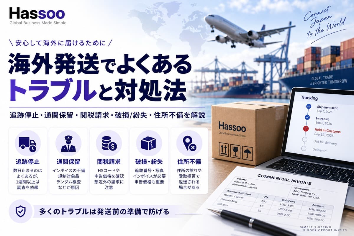海外発送でよくあるトラブルと対処法を解説するイメージ。Hassooのロゴと「海外発送でよくあるトラブルと対処法｜追跡停止・通関保留・関税請求・破損/紛失・住所不備を解説」の見出し、追跡停止・通関保留・関税請求・破損紛失・住所不備の5つのトラブルアイコンとそれぞれの原因の要約、Held in Customsと表示された追跡画面、Commercial Invoiceの記入例、「多くのトラブルは発送前の準備で防げる」というメッセージ
