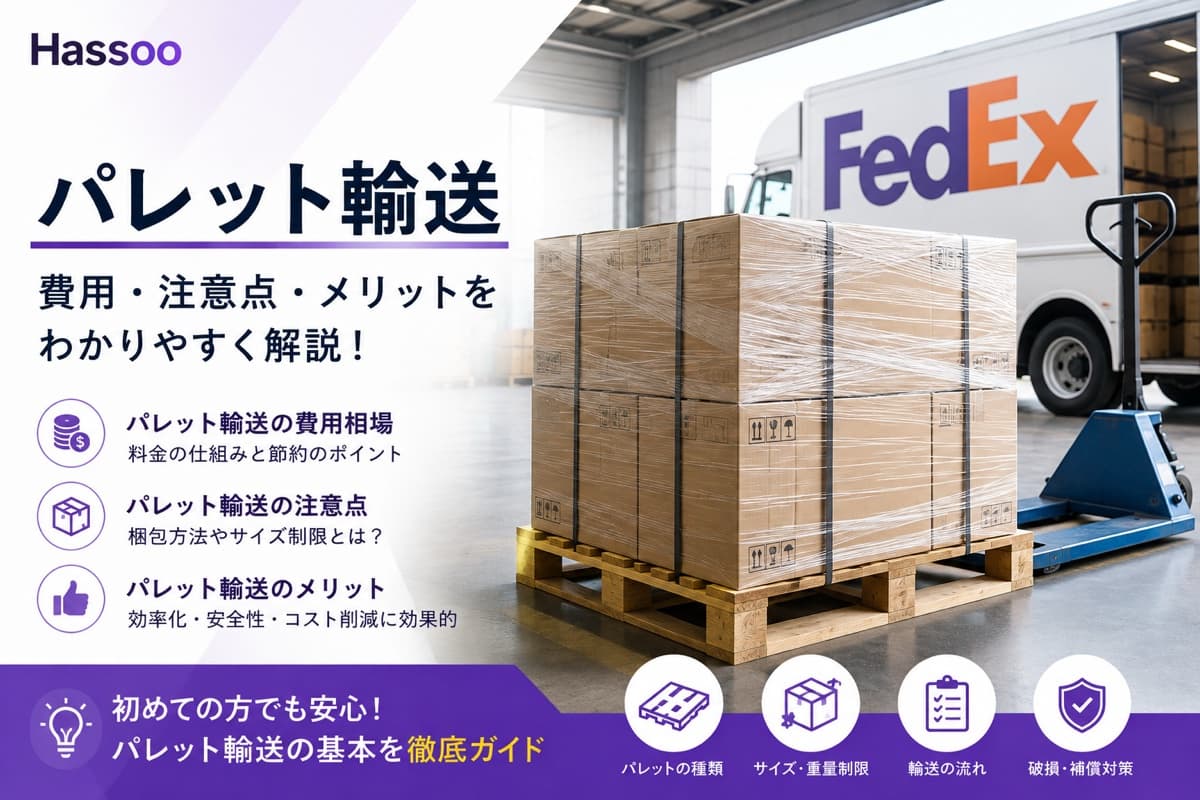 パレット輸送を解説するイメージ。ストレッチフィルムで固定された段ボールを積んだ木製パレットと、ハンドリフト、倉庫のFedExトラック