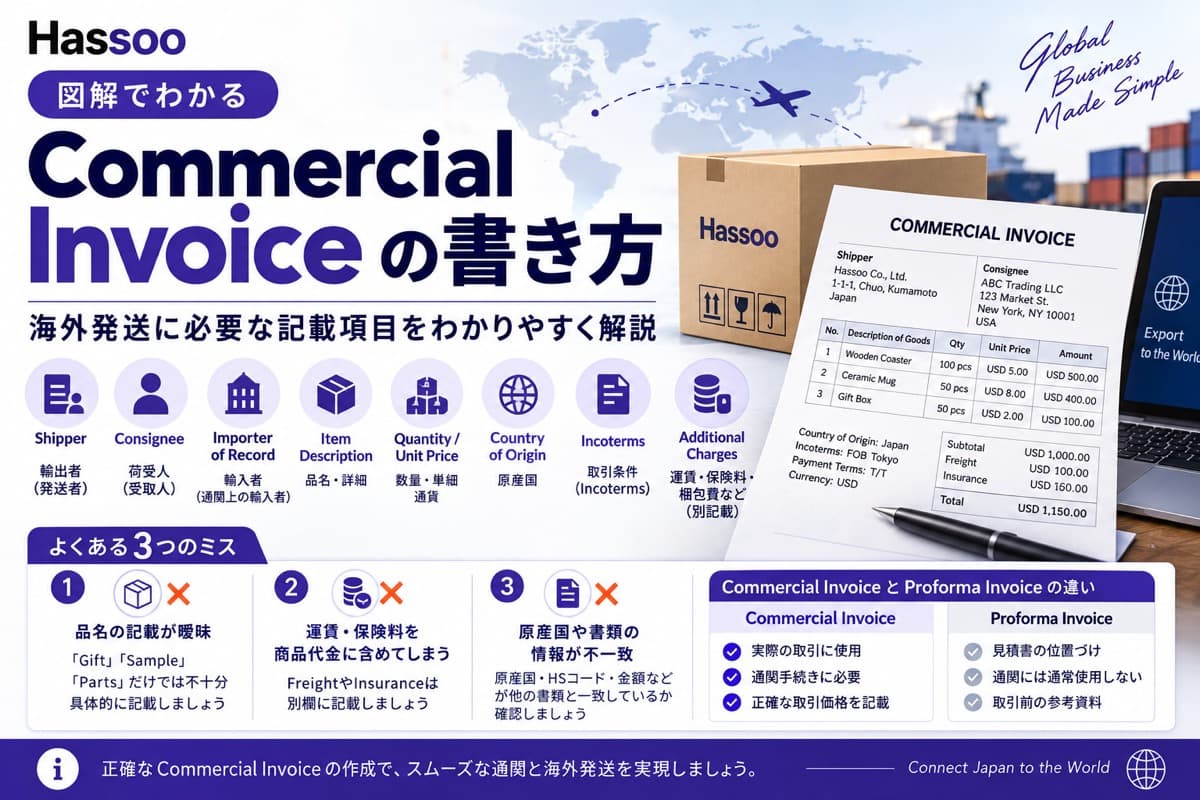 インボイス(Commercial Invoice)の書き方を解説するイメージ。Hassooのロゴと「図解でわかる Commercial Invoiceの書き方|海外発送に必要な記載項目をわかりやすく解説」の見出し、Shipper・Consignee・Importer of Record・Item Description・Quantity/Unit Price・Country of Origin・Incoterms・Additional Chargesの8項目アイコン、記入例入りのCOMMERCIAL INVOICE見本、よくある3つのミス(品名の記載が曖昧・運賃や保険料を商品代金に含めてしまう・原産国や書類の情報が不一致)、Commercial InvoiceとProforma Invoiceの違いの比較表