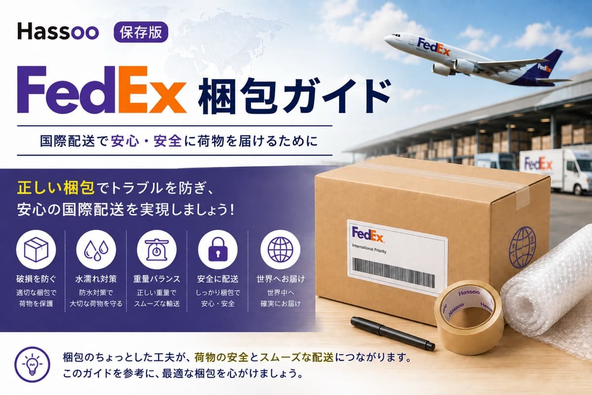 FedEx梱包ガイドを解説するイメージ。Hassooのロゴと「FedEx梱包ガイド」の見出し、FedExの箱・テープ・エアキャップ、破損防止・重量バランス・安全配送・世界へお届けのアイコン、飛行機とFedExトラック